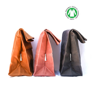 Canvas Lunch Bag waxed and organic( Pink and Grey colors) ships without any plastic